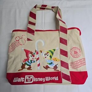 Disney Chip n Dale Christmas Tote Bag Large Cream‎ Red Holiday Canvas Zipper